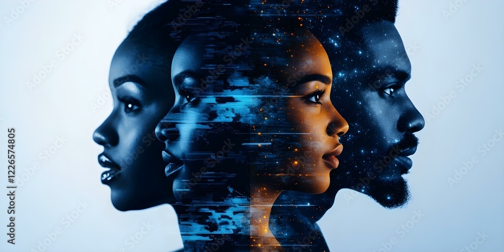 Poster a digital artwork featuring three profiles of individuals with cosmic and abstract patterns, blendin