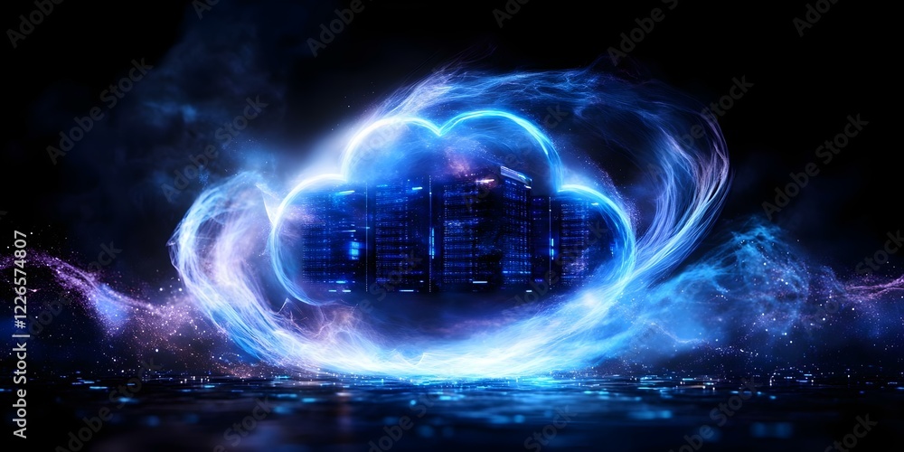 Aufkleber a glowing blue cloud surrounded by swirling light and featuring a server structure within, symbolizi