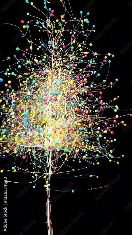 Poster colorful abstract representation of interconnected spheres on a dark background showcasing dynamic e