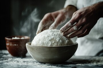 Fototapeta premium Baker's hands gently flouring a large ball of dough in a rustic bowl, creating a cloud of flour dust.