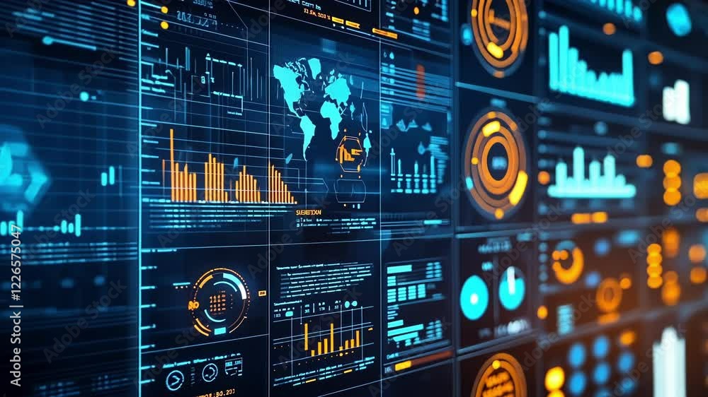 Poster futuristic control panel displaying global manufacturing data and analytics, featuring interactive c