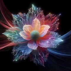 Fototapeta premium A flower blooming with petals made of shifting, iridescent code that slowly forms patterns of neural networks