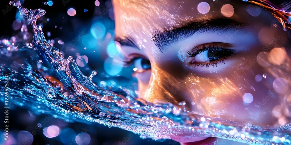 Poster a close-up of a person's eye partially submerged in water, surrounded by colorful bokeh and sparklin