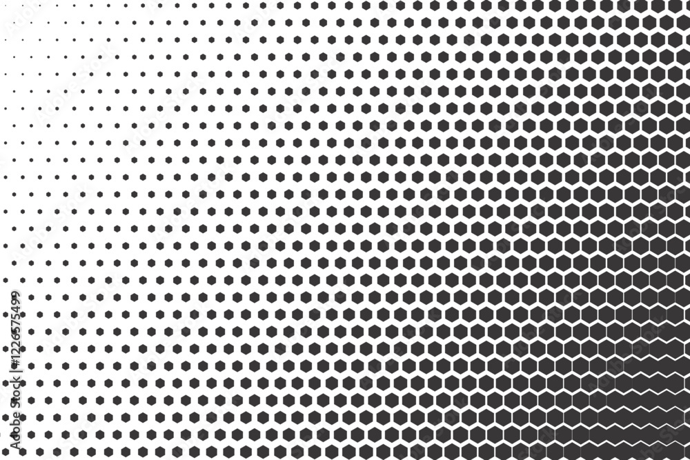 Poster Hexagonal halftone pattern. Honeycomb fade vector background. Abstract textured geometric gradient. Hex dynamic shapes on white backdrop. Simple grid gradation