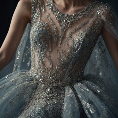 A haute couture gown made entirely of delicate sheer fabric and encrusted with Swarovski crystals.