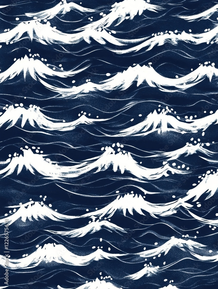 Poster white waves on dark blue background abstract pattern with brushstrokes and dots artistic style