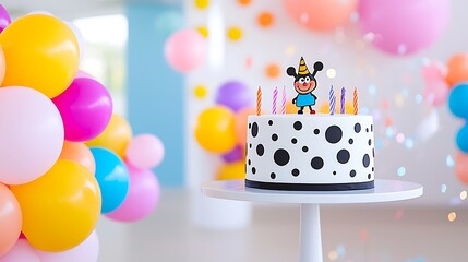Festive Birthday Cake with Colorful Balloons and Confetti