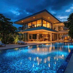 Fototapeta premium Modern home with pool at dusk showing interior lights and reflection on water surface
