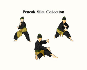 Set of Pencak Silat Indonesian martial art on various style and gesture on white background