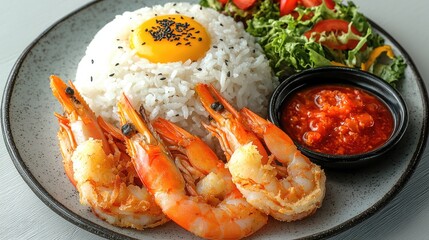 Fried shrimp breaded with coconut, sweet sauce, salad and rice.