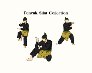 Set of Pencak Silat Indonesian martial art on various style and gesture on white background