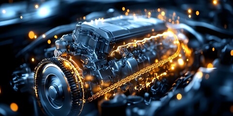 A close-up view of a car engine, highlighted with glowing details and sparks, emphasizing mechanical components and design. Concept Car Engine Close-Up, Glowing Mechanical Details