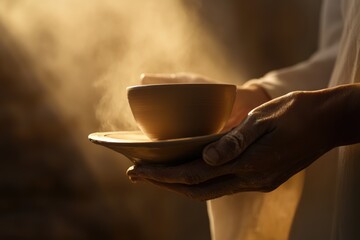 A potter's hands gently hold a freshly formed clay bowl and saucer, still warm from the wheel.