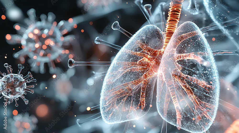 Poster exploring the impact of viruses on lung health science visualization laboratory setting digital art 