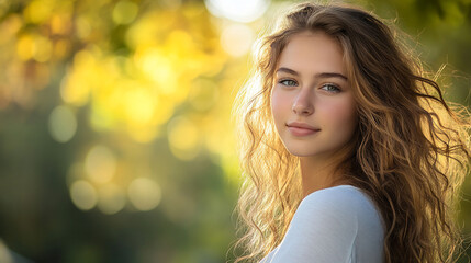 Naklejka premium Beautiful Young Woman Golden Hair Sunlight Portrait Outdoors girl long eyes skin model smile happy 