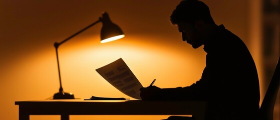 A silhouette of a person sitting at a desk, reviewing documents under a warm lamp glow in a dimly lit environment.