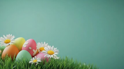 Fototapeta premium Colorful Easter eggs and spring flowers on a green background, copy space for text