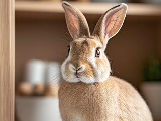 A cute rabbit with large ears and soft fur, curiously looking at the camera in a cozy indoor setting.