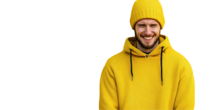 Cheerful young man in yellow sweater outdoor setting smiling with transparent background - Powered by Adobe
