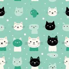 Vector art style cat, flat vector illustration, kitschy and cute, art deco midcentury retro vibe, ditsy details, solid mint green background 