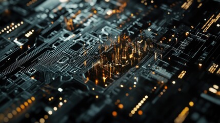 Complex circuit board with digital connections and glowing pathways, perfect for tech