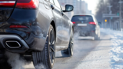 Winter driving challenges cars on snowy roads urban environment lifestyle perspective safety awareness