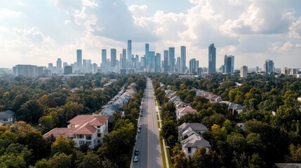 Obraz premium City Skyline Aerial View Residential Street Skyscrapers Trees