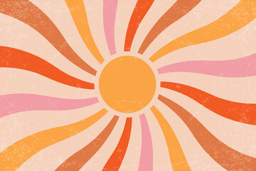 Retro sun background with radial swirl rays. Vector textured 70s abstract pattern. Vintage summer poster with concentric stripes of beams. Creamy pink and orange hippy wallpaper