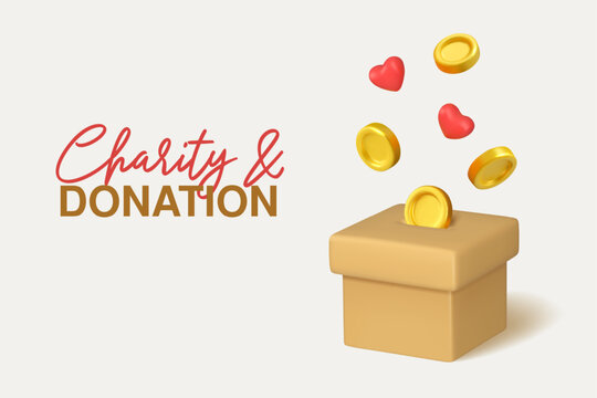 Sponsorship vector 3d web banner. Donation carboard box with hearts and gold coins. Refugee or homeless charity support illustration, financial grant concept