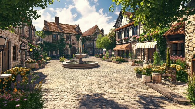 a charming village square with cobblestone streets and a central fountain. Architectural design elements modern interventions creativity 