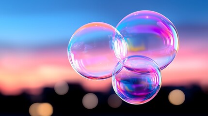 Fototapeta premium Iridescent Bubbles Floating Against a Vibrant Sunset Cityscape