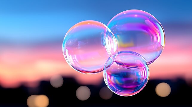 Iridescent Bubbles Floating Against a Vibrant Sunset Cityscape