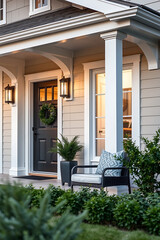 Fototapeta premium Elegant Home Exterior: Modern House Porch Design with Comfortable Seating and Landscaping