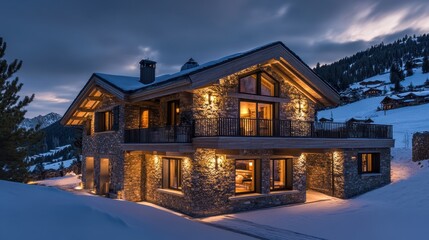 a cozy mountain chalet glowing with warm lights under a snowy evening.Architectural design elements modern interventions creativity 