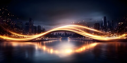 Fototapeta premium A futuristic cityscape at night with glowing light trails over a river, creating a dynamic and vibrant atmosphere. Concept Futuristic Cityscape, Nighttime Aesthetics, Glowing Light Trails