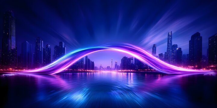 A vibrant neon bridge or arc of light over a city skyline reflected in water at night, creating a futuristic atmosphere. Concept Neon Cityscapes, Futuristic Architecture, Nighttime Reflections