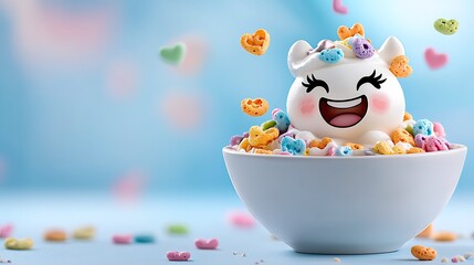 Naklejka premium Joyful Whimsical Character In A Bowl Of Colorful Cereal