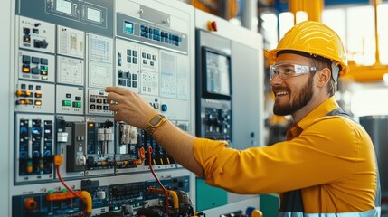 Smiling Technician in Yellow Helmet Operating Control Panel with Blue and Green Lights