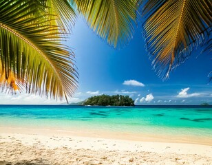 Sunny Tropical Beach With Palm Leaves And Paradise Island 