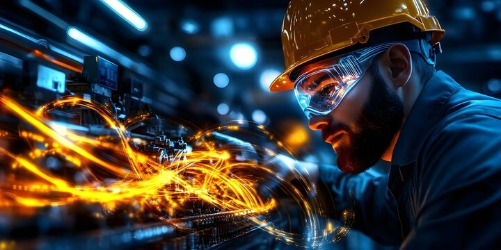 A worker in safety gear interacts with electrical equipment, surrounded by bright, dynamic light effects representing energy. Concept Safety Gear Usage, Electrical Equipment Interaction