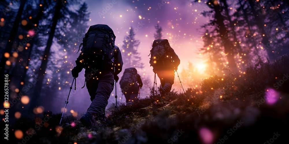 Poster hikers ascending a forested path at twilight, surrounded by sparkling lights amidst trees and a colo