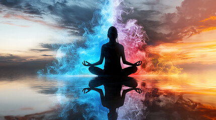 Obraz premium Meditative energy transformation serene waterscape digital art calm atmosphere side view balance and harmony