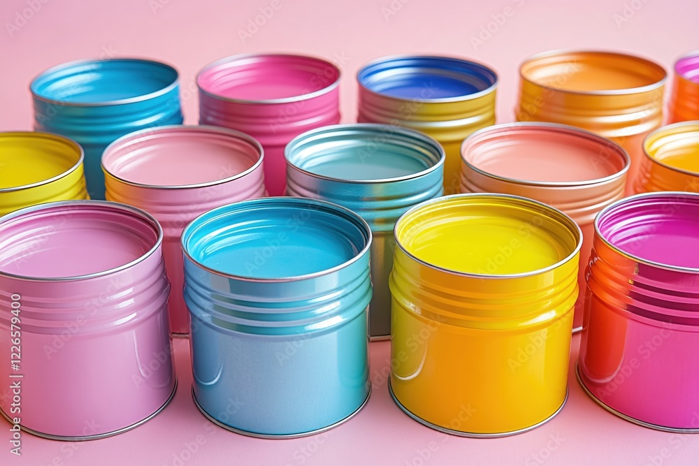Poster many colorful paint cans arranged in rows on a pink background creating a vibrant scene