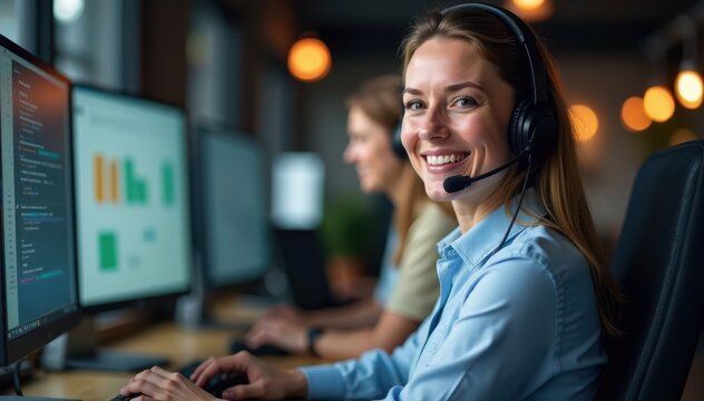 Happy consultant wearing headset, offering online assistance, phone, technology
