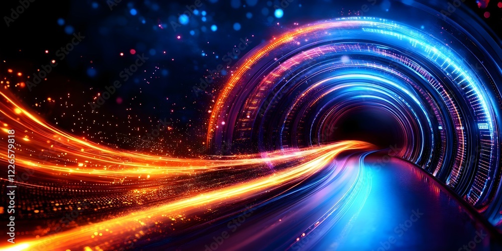 Poster a vibrant, abstract representation of a tunnel with glowing light trails in orange and blue, creatin