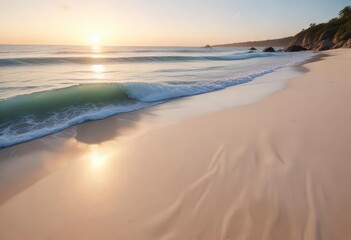 Obraz premium Soothing ocean waves on a white sandy beach at sunrise, natural beauty, ocean scenery, tranquil day