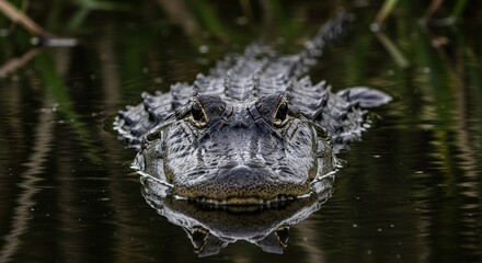 Fototapeta premium American Alligator in Dark Water - Close-Up Portrait