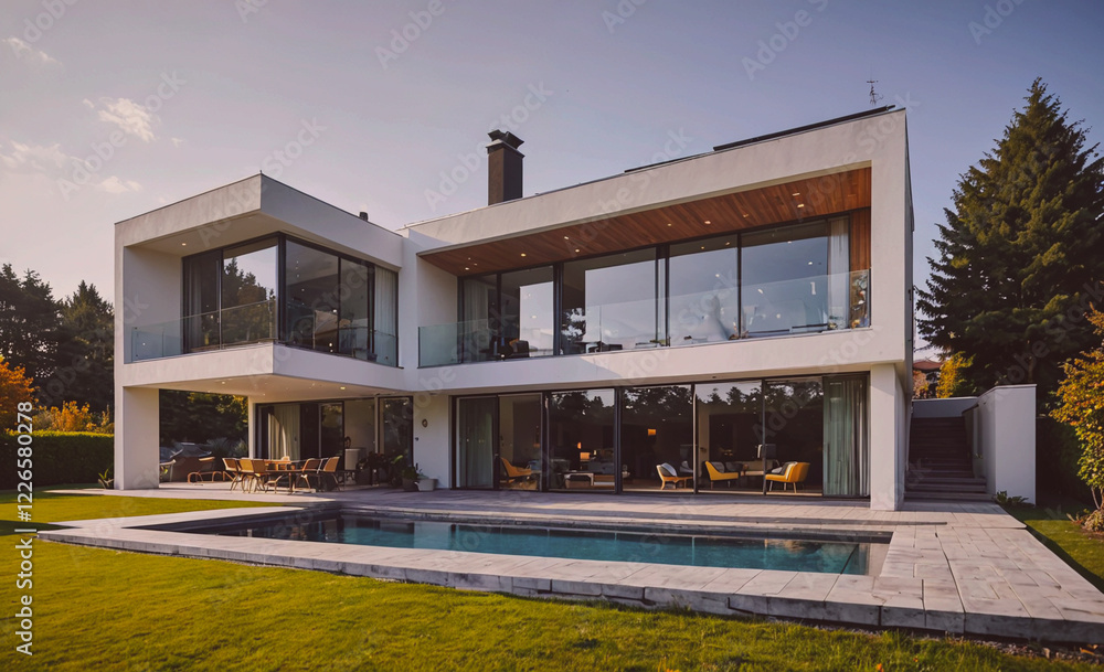 Aufkleber a large white house with a pool and a large glass window. the house is surrounded by trees and has a