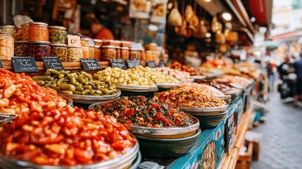 Fototapeta premium Parisian Market Preserved Vegetables, Busy Street