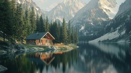 Fototapeta premium a serene cabin by a mountain lake, surrounded by towering pines.Architectural design elements modern interventions creativity